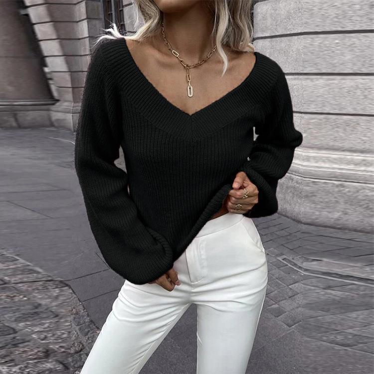 Damen Strickpullover mit tiefem V-Ausschnitt und weit geschnittenen Ärmeln Sovae