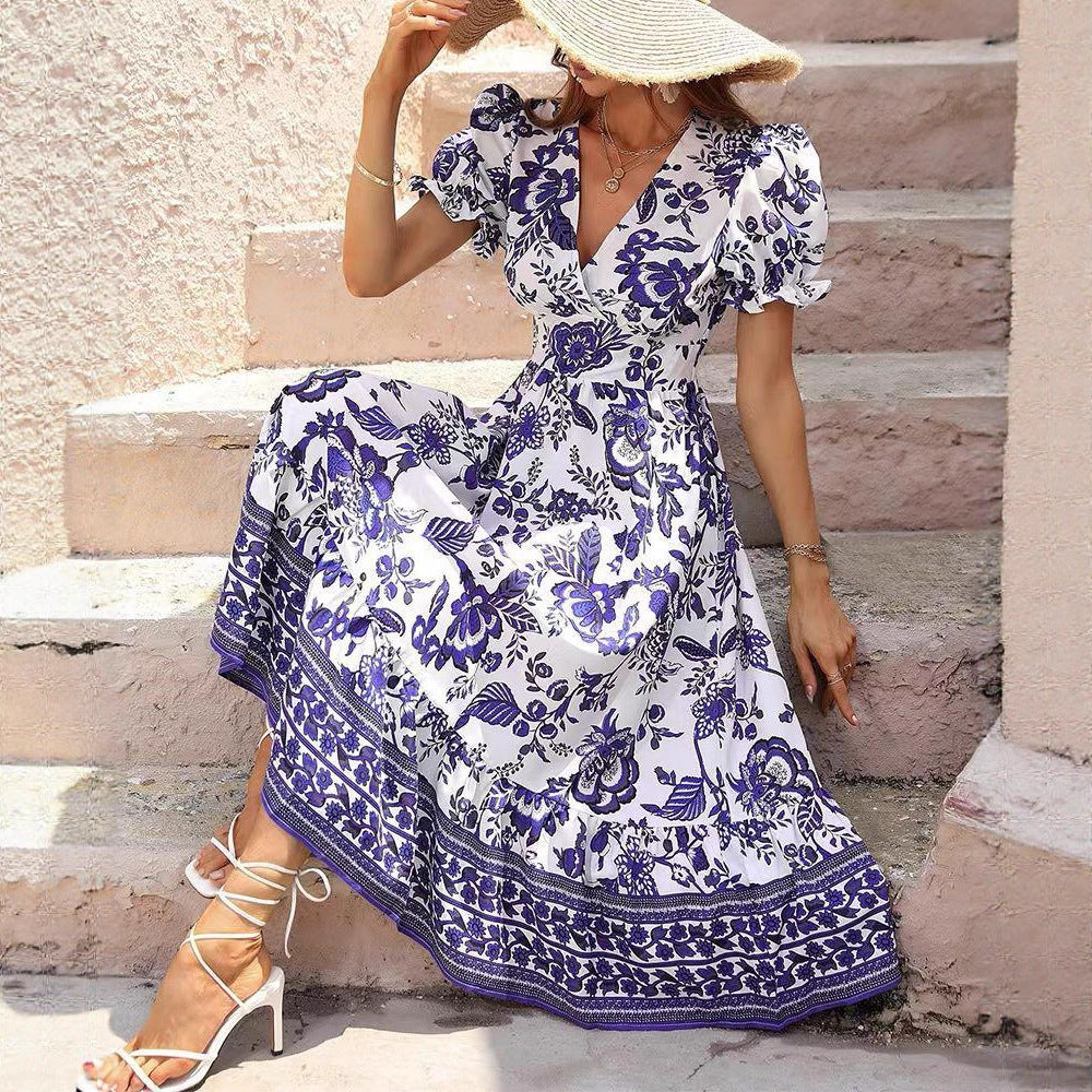Damen Maxikleid mit voluminösen Ärmeln und floralen Verzierungen Sovae