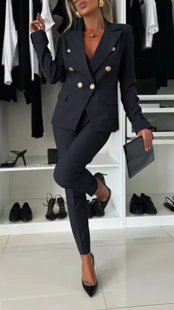 Damen elegantes Tailored Anzug-Set mit doppelter Knopfleiste Sovae