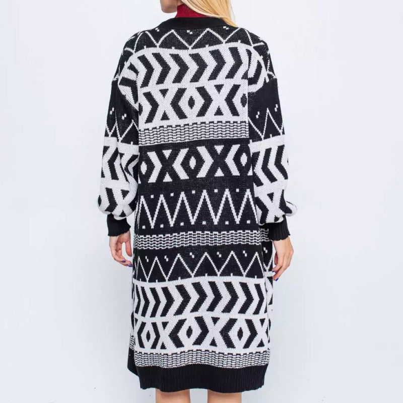 Damen Langer Strickcardigan mit geometrischem Muster und lässigem Schnitt Sovae