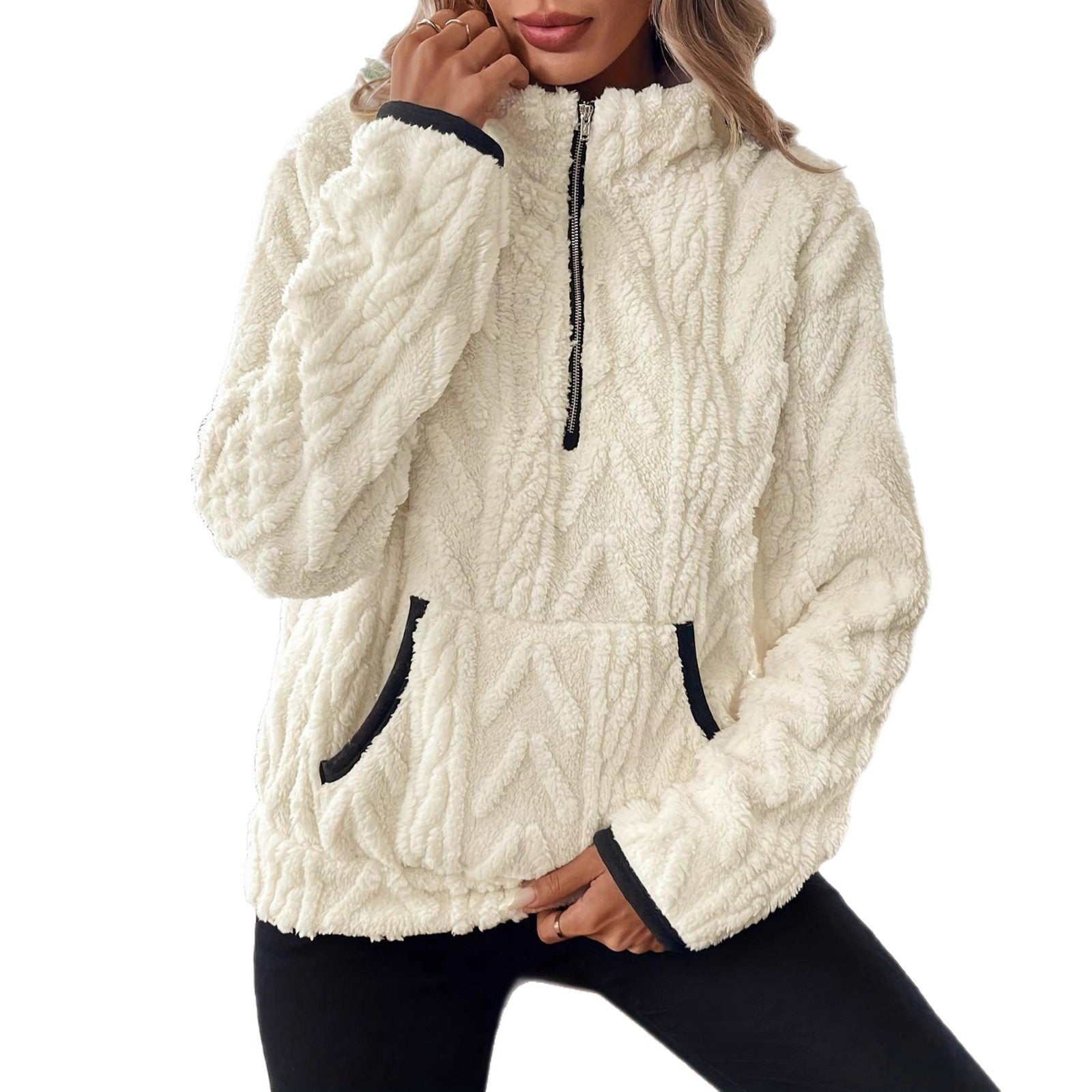Damen modischer Fleece-Pullover mit halbem Reißverschluss und Taschen Sovae