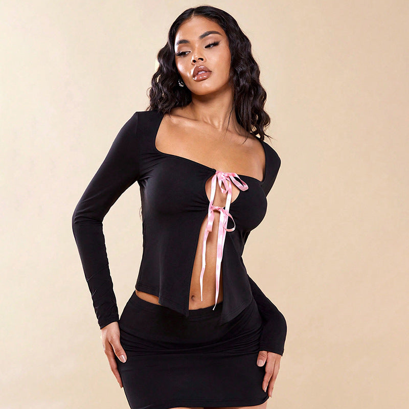 Damen sexy Crop-Top mit seitlichem Bindeband Sovae