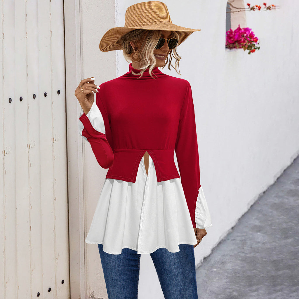 Damen Modisches Hemdblusenshirt mit hohem Kragen und asymmetrischem Schnitt Sovae