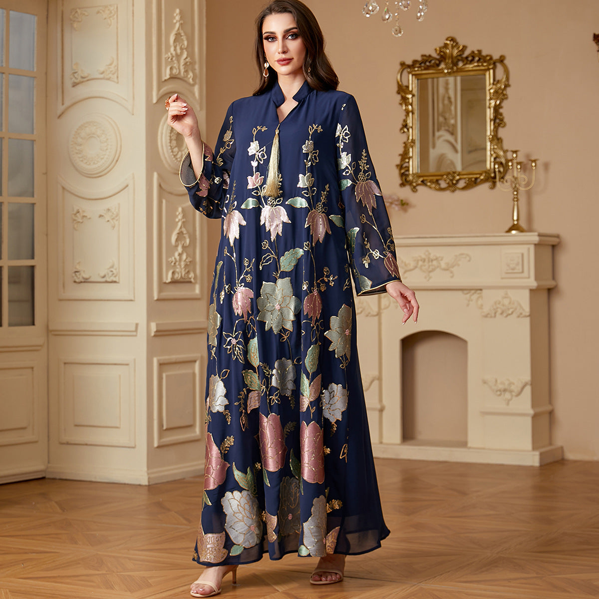 Damen Lange Kaftan-Robe mit floralen Stickereien Sovae