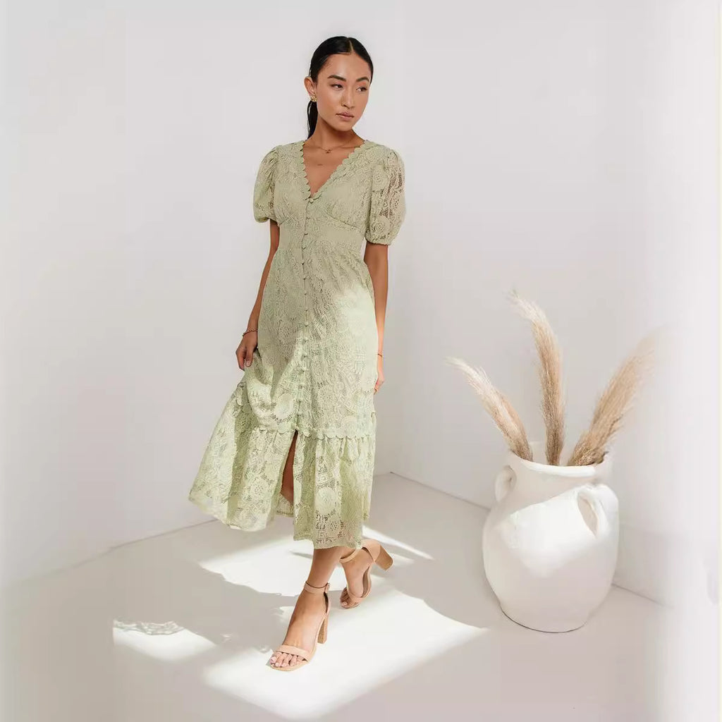 Damen Maxikleid mit zarten Spitzenapplikationen und voluminösen Ärmeln Sovae
