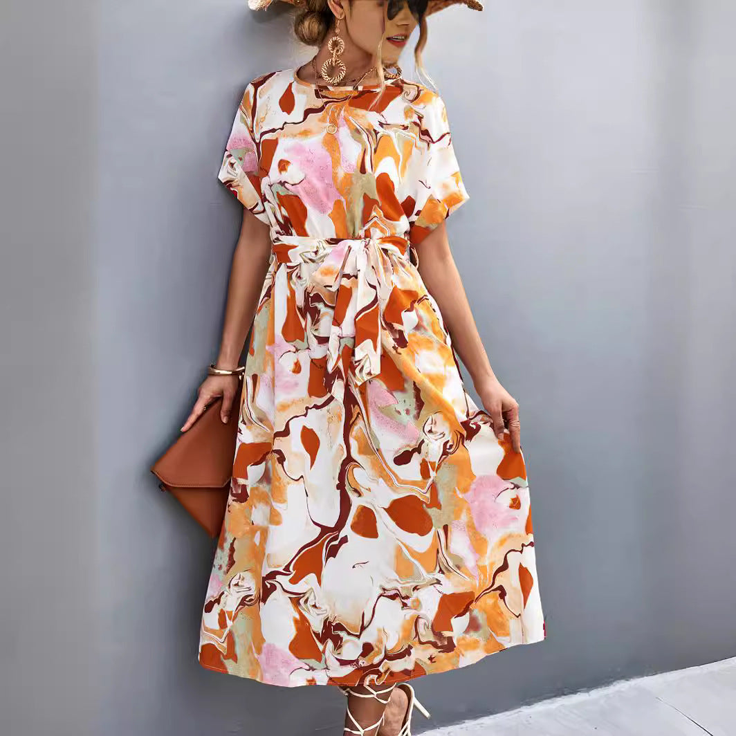 Damen Maxi-Kleid mit fließendem Schnitt und bindbarem Taillengürtel Sovae