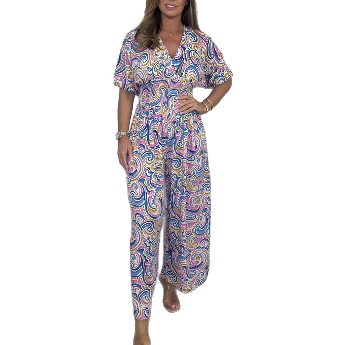 Damen Eleganter Jumpsuit mit V-Ausschnitt und weitem Bein Sovae