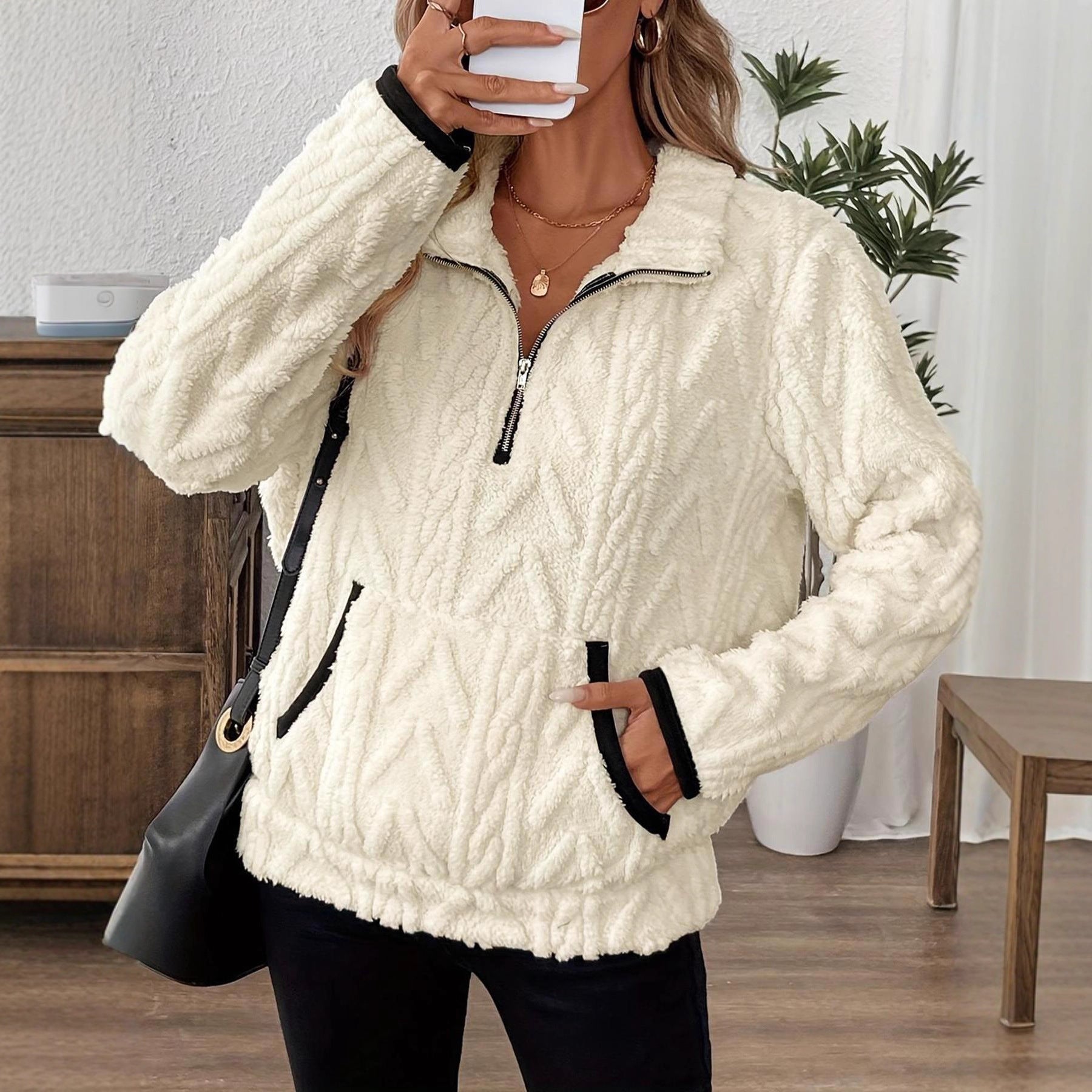Damen modischer Fleece-Pullover mit halbem Reißverschluss und Taschen Sovae