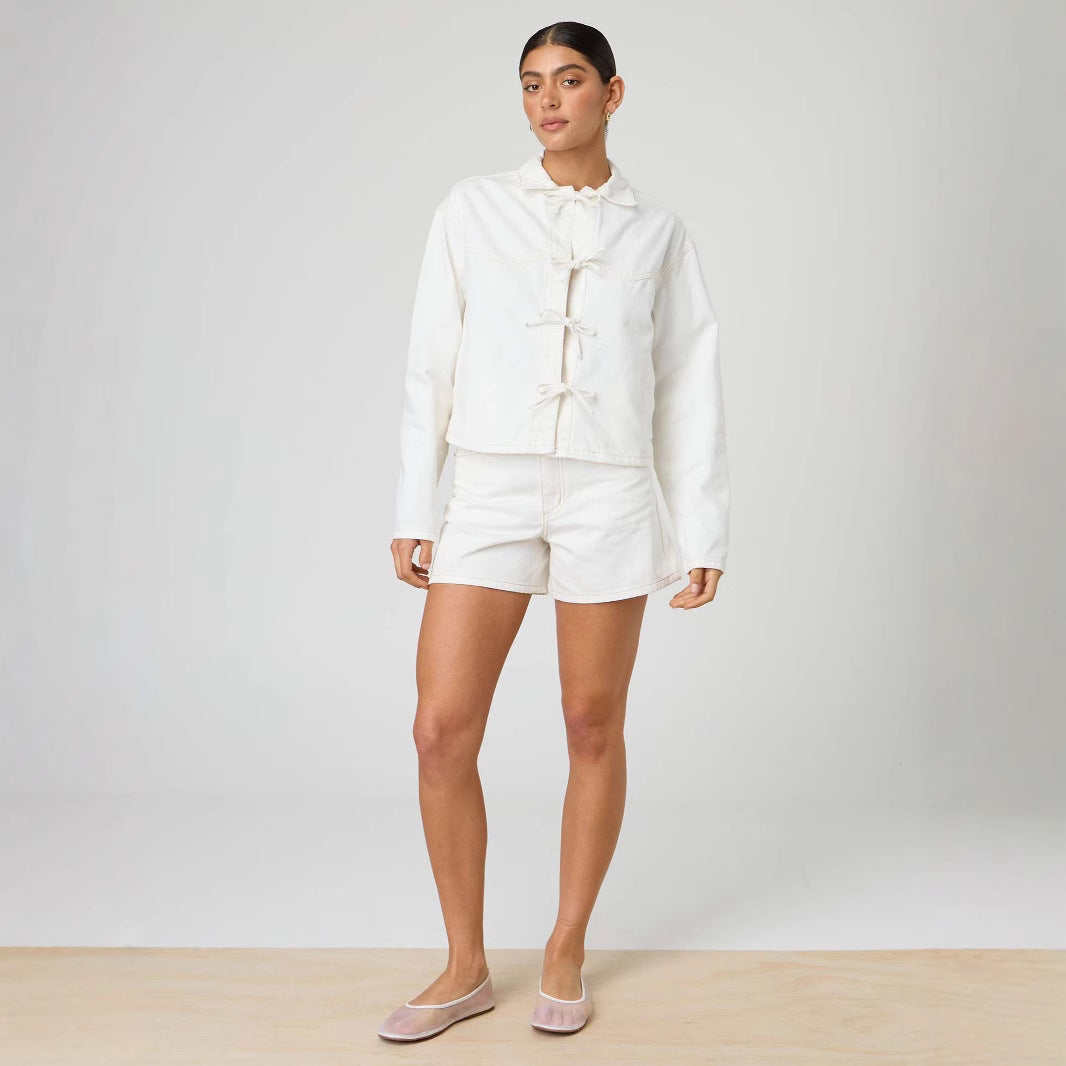 Damen Modische Jeansjacke mit knopflosem Design Sovae