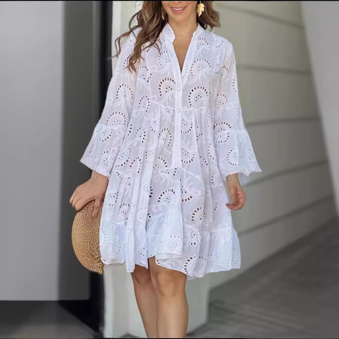 Damen luftiges Tunika-Kleid mit dekorativem Lochmuster Sovae