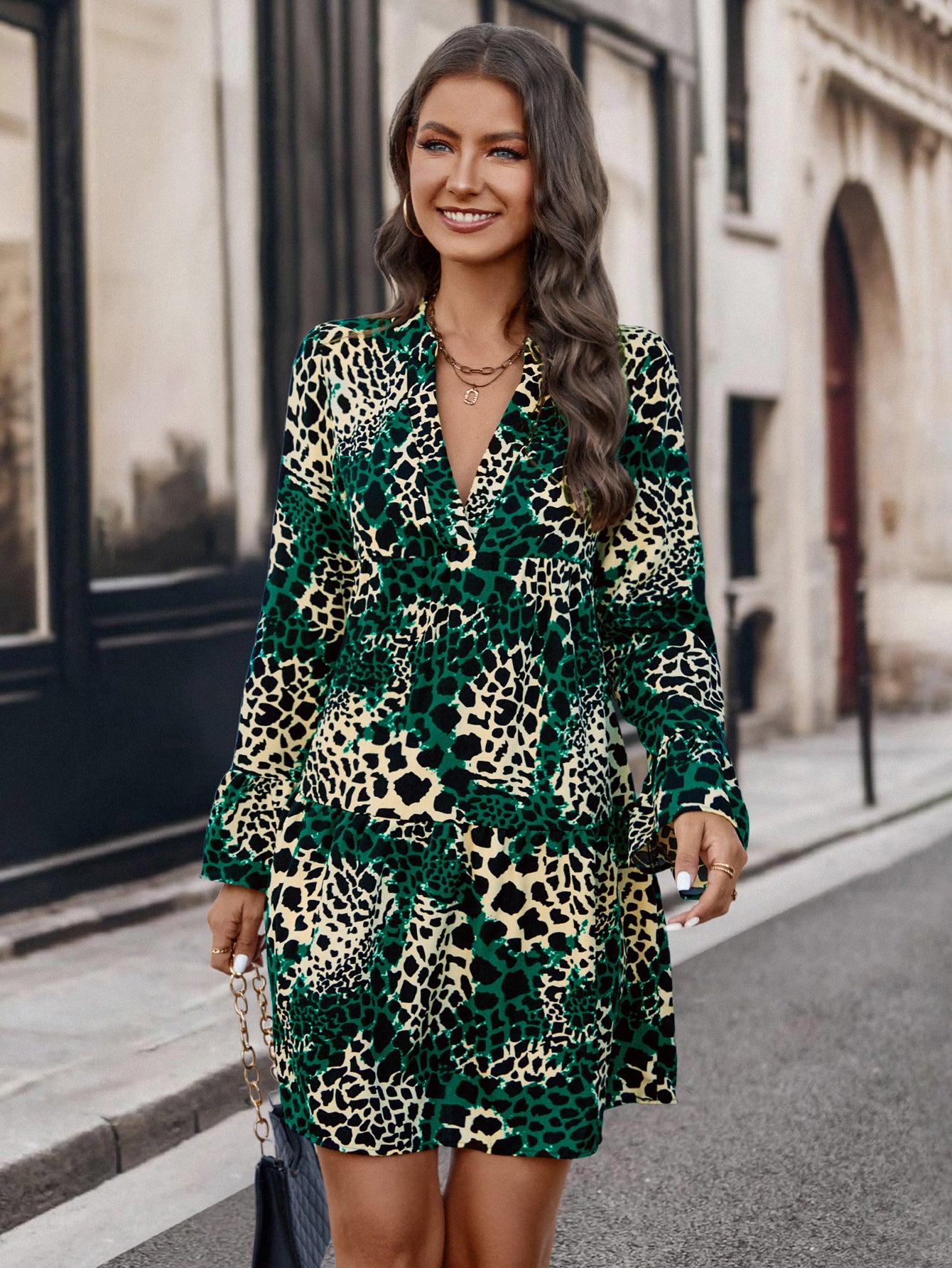 Damen Kurzarm-Kleid mit einzigartigem Tiermuster Sovae