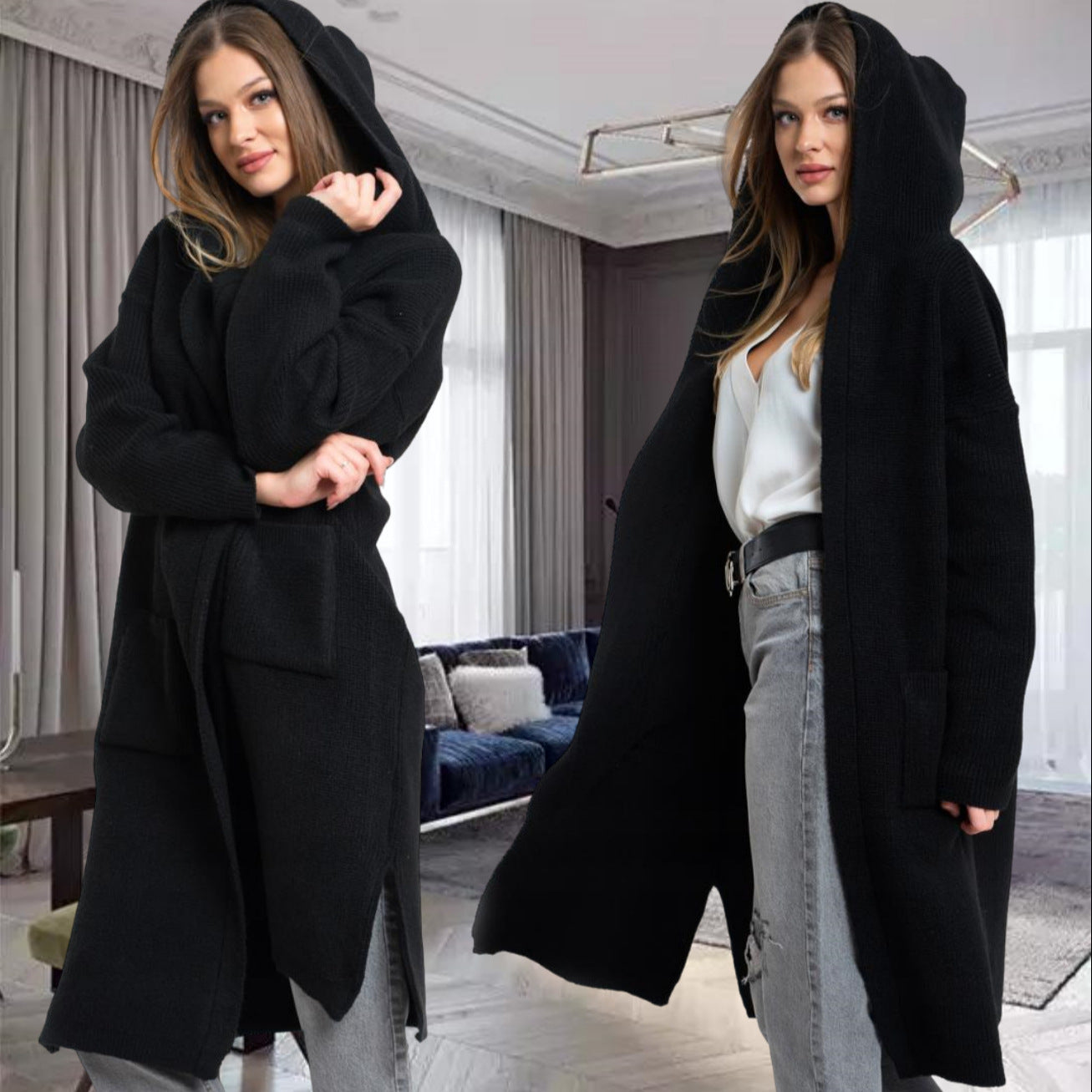 Damen Großer Strickmantel mit Kapuze und praktischen Taschen Sovae