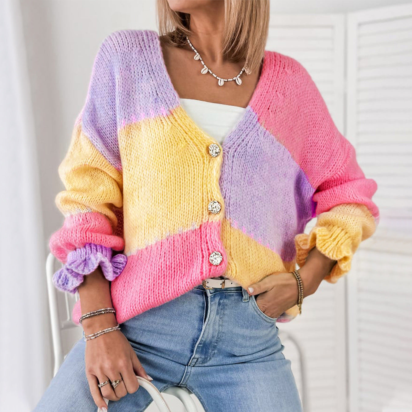 Damen modischer Oversized-Cardigan mit buntem Streifenmuster und voluminösen Ärmeln Sovae