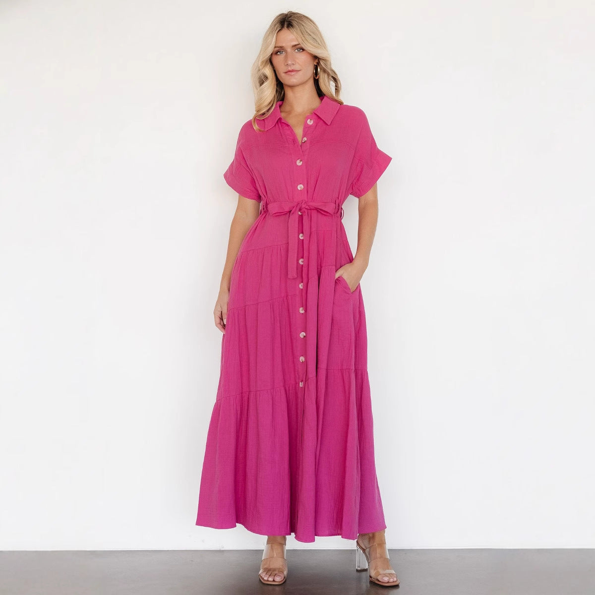 Damen Maxikleid mit taillierbarem Gürtel und Volant Sovae