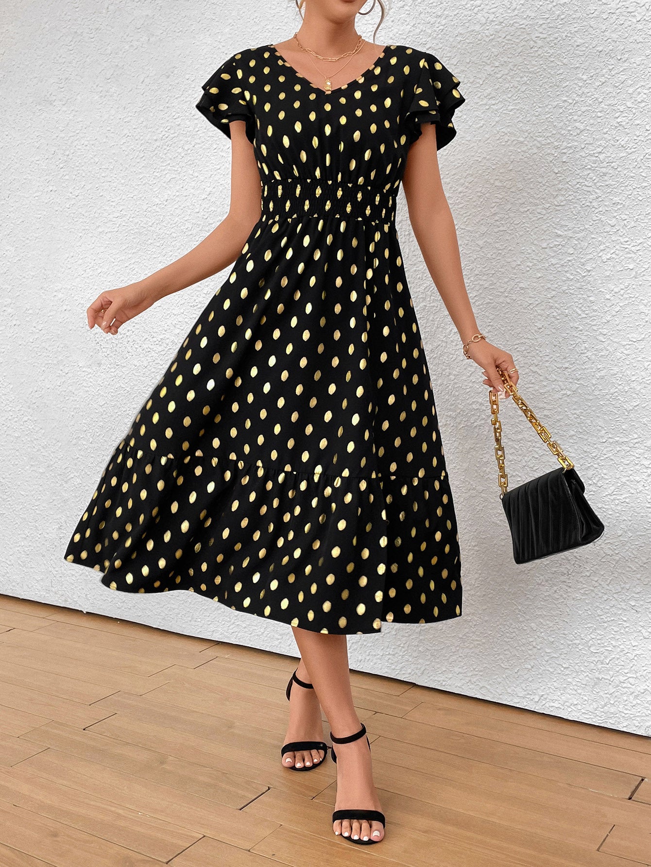 Damen Midikleid mit Rüschendetails und goldenen Punkten Sovae