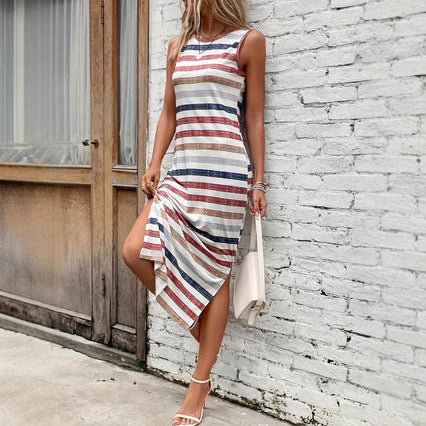 Damen Maxikleid mit modischem Streifenmuster und ärmellosem Design Sovae