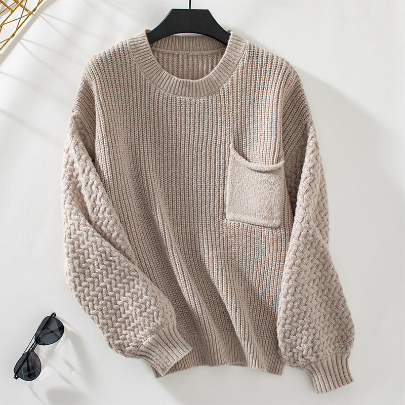 Damen Pullover mit strukturiertem Zopfmuster und Brusttasche Sovae