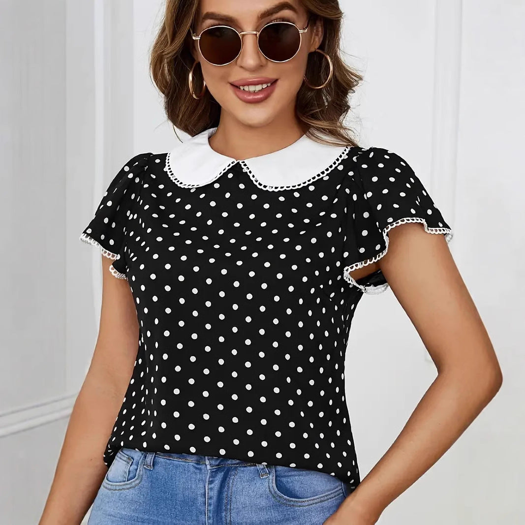 Damen Shirt mit verspielt gehäkeltem Kragen und Punktmuster Sovae