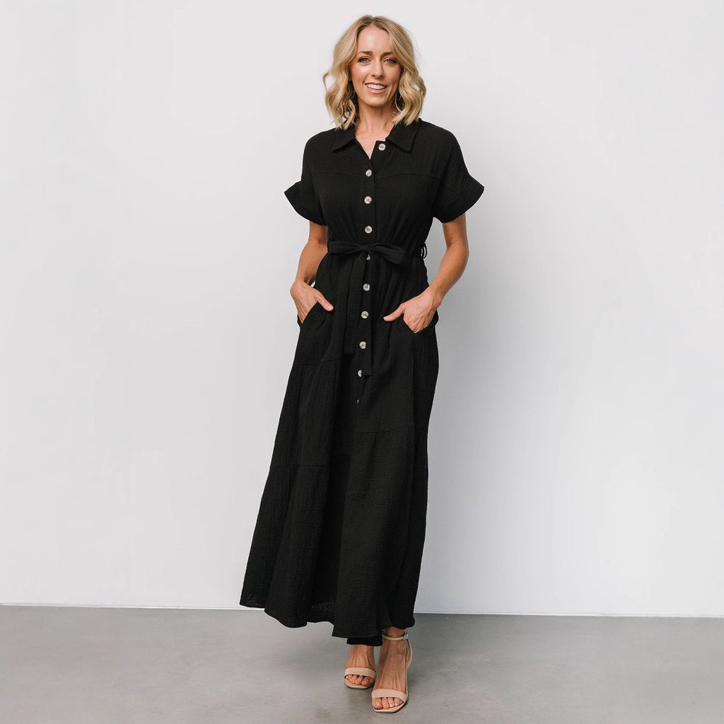 Damen Maxikleid mit taillierbarem Gürtel und Volant Sovae