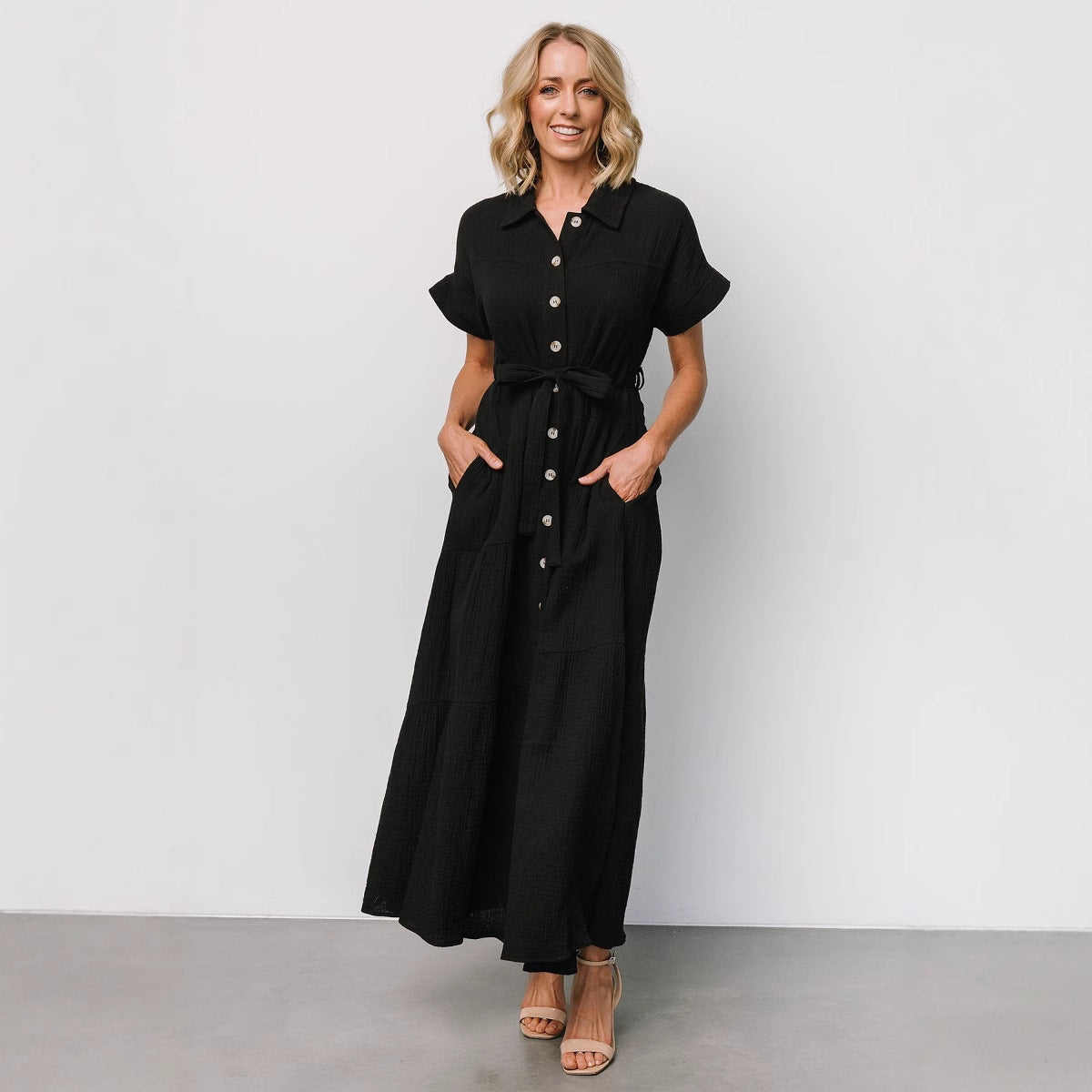 Damen Maxikleid mit taillierbarem Gürtel und Volant Sovae