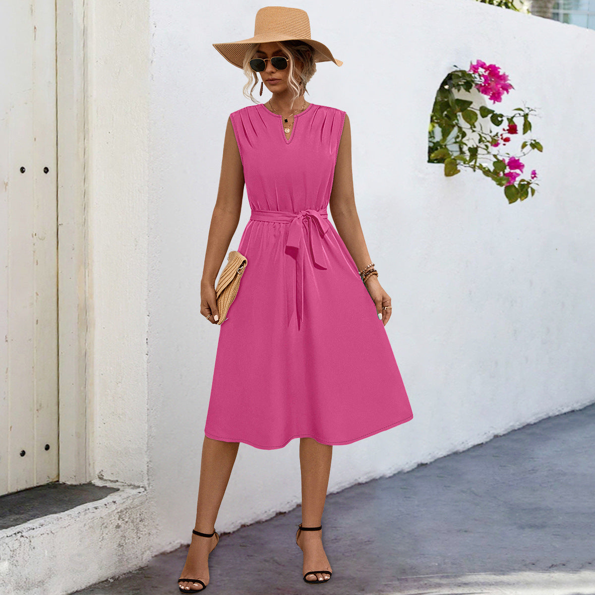 Damen Midi-Kleid mit elegantem Taillengürtel und modischem Faltenrock Sovae
