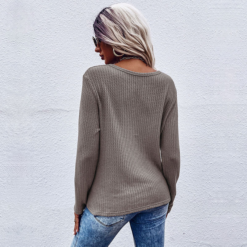Damen lässiger V-Ausschnitt Pullover mit Knopfdetails und Knotendesign Sovae