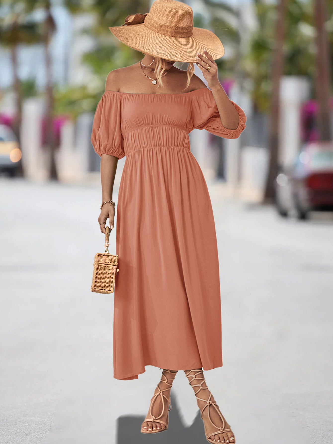 Damen Off-Shoulder Maxikleid mit voluminösen Puffärmeln und elastischem Taillenband Sovae