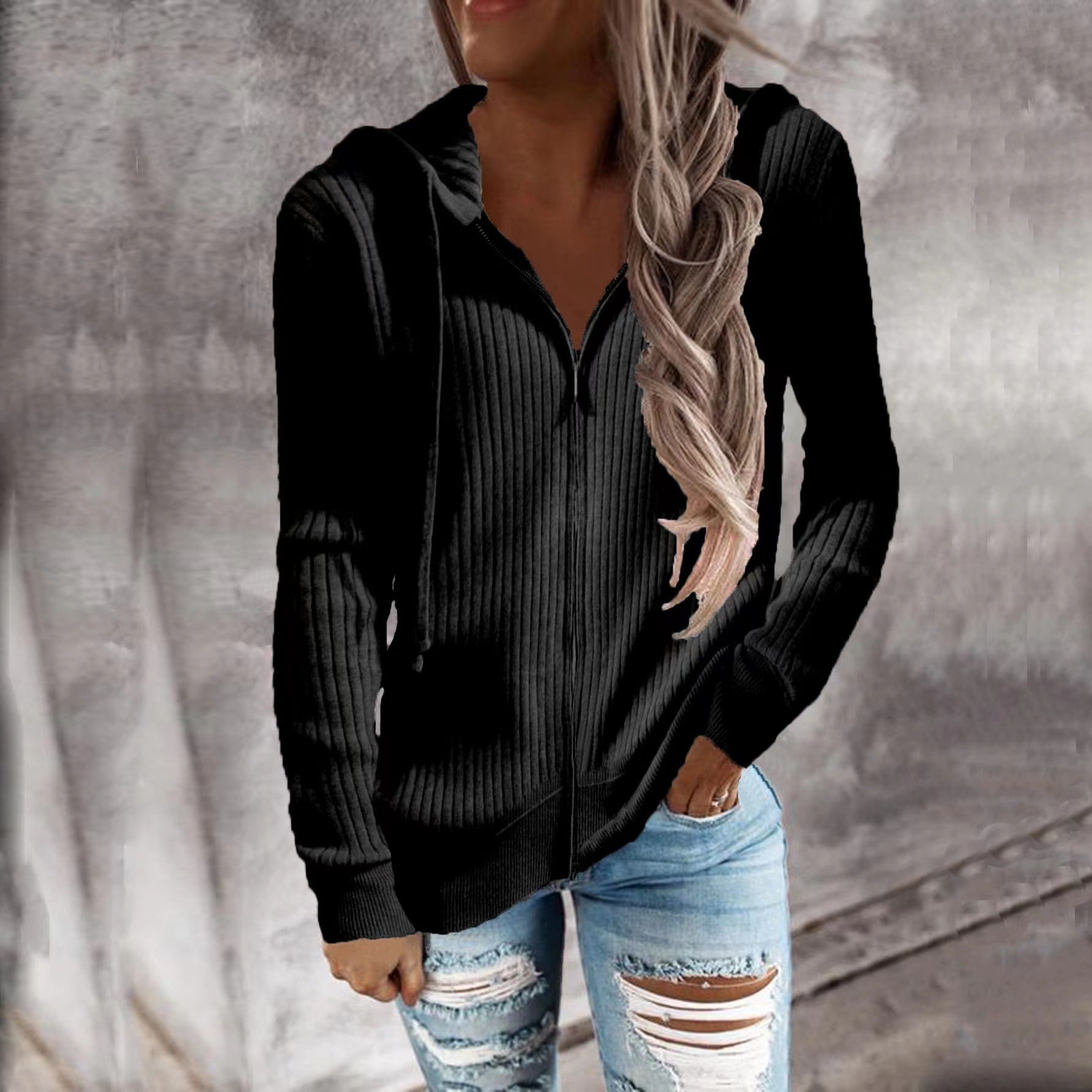 Damen lässige Strickjacke mit Kapuze und Rippenstruktur Sovae