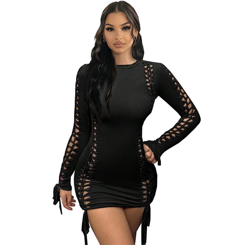 Damen figurbetontes Langarmkleid mit Cut-Outs und Rüschen Sovae