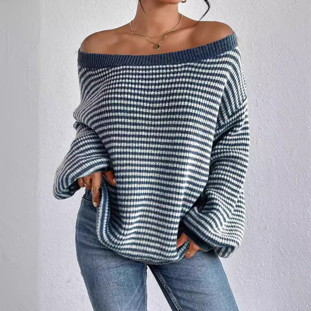 Damen lässiger Strickpullover mit weitem Schnitt und modernen Streifen Sovae