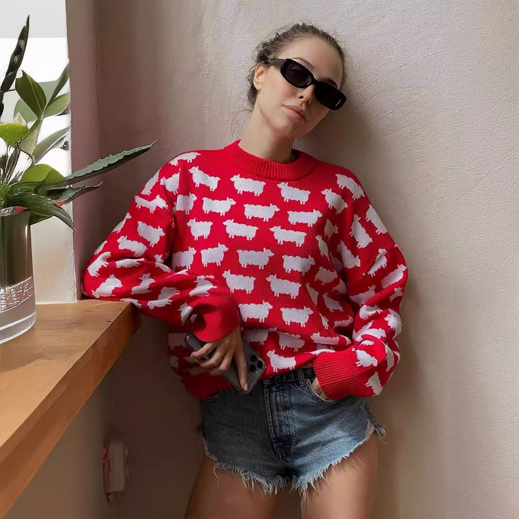Damen Gemusterter Strickpullover mit Schafmotiven Sovae