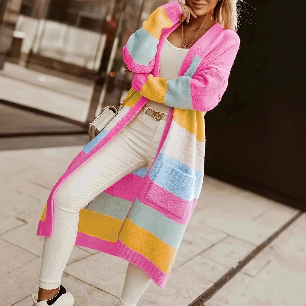 Damen modische Langstrickjacke mit buntem Streifenmuster Sovae