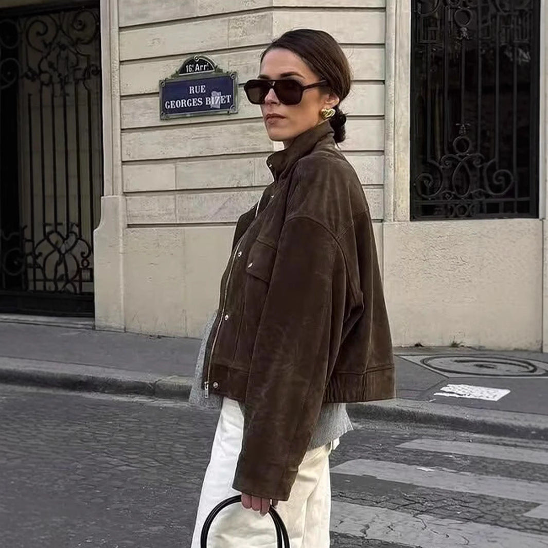 Damen zeitgemäße Relaxed-Fit Jacke mit aufgesetzten Taschen und Stehkragen Sovae
