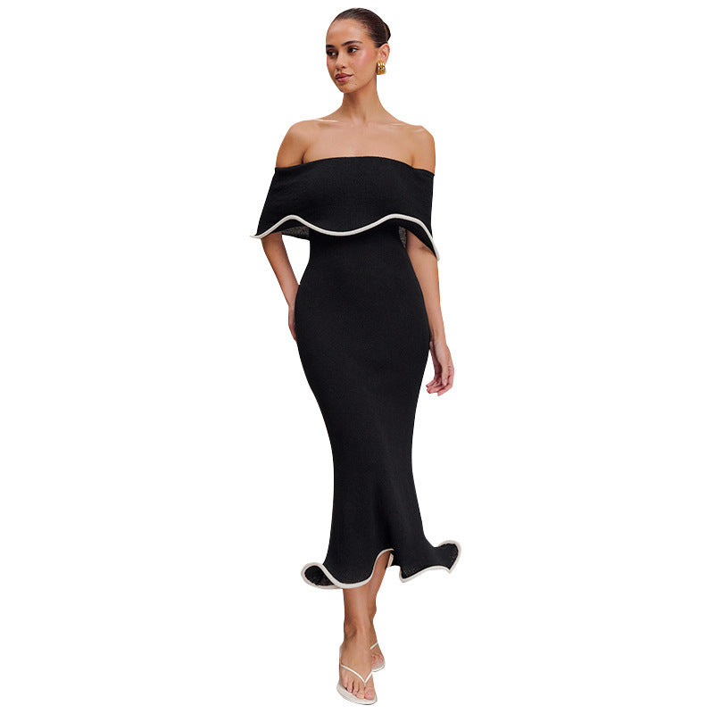 Damen elegantes Off-Shoulder Maxikleid mit Rüschensaum Sovae