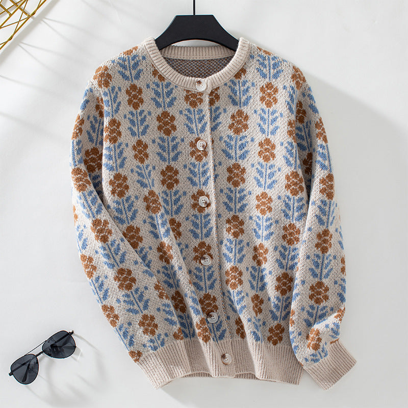 Damen Strickjacke mit floralem Muster und Knöpfen Sovae