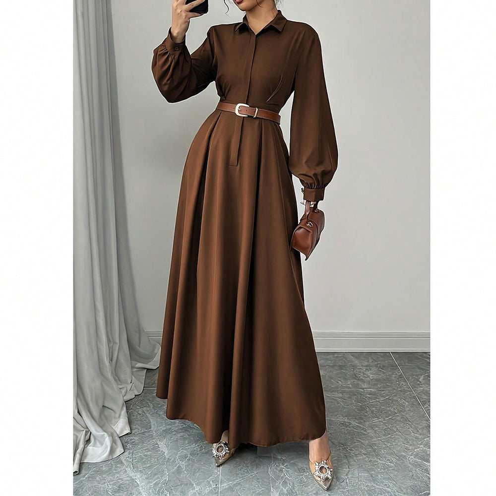 Damen Elegantes Maxikleid mit hochgeschlossenem Kragen und Taillengürtel Sovae