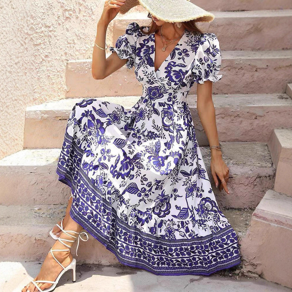Damen Maxikleid mit voluminösen Ärmeln und floralen Verzierungen Sovae