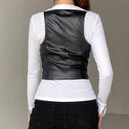 Damen Elegante Kunstleder Weste mit Knopfdetails Sovae