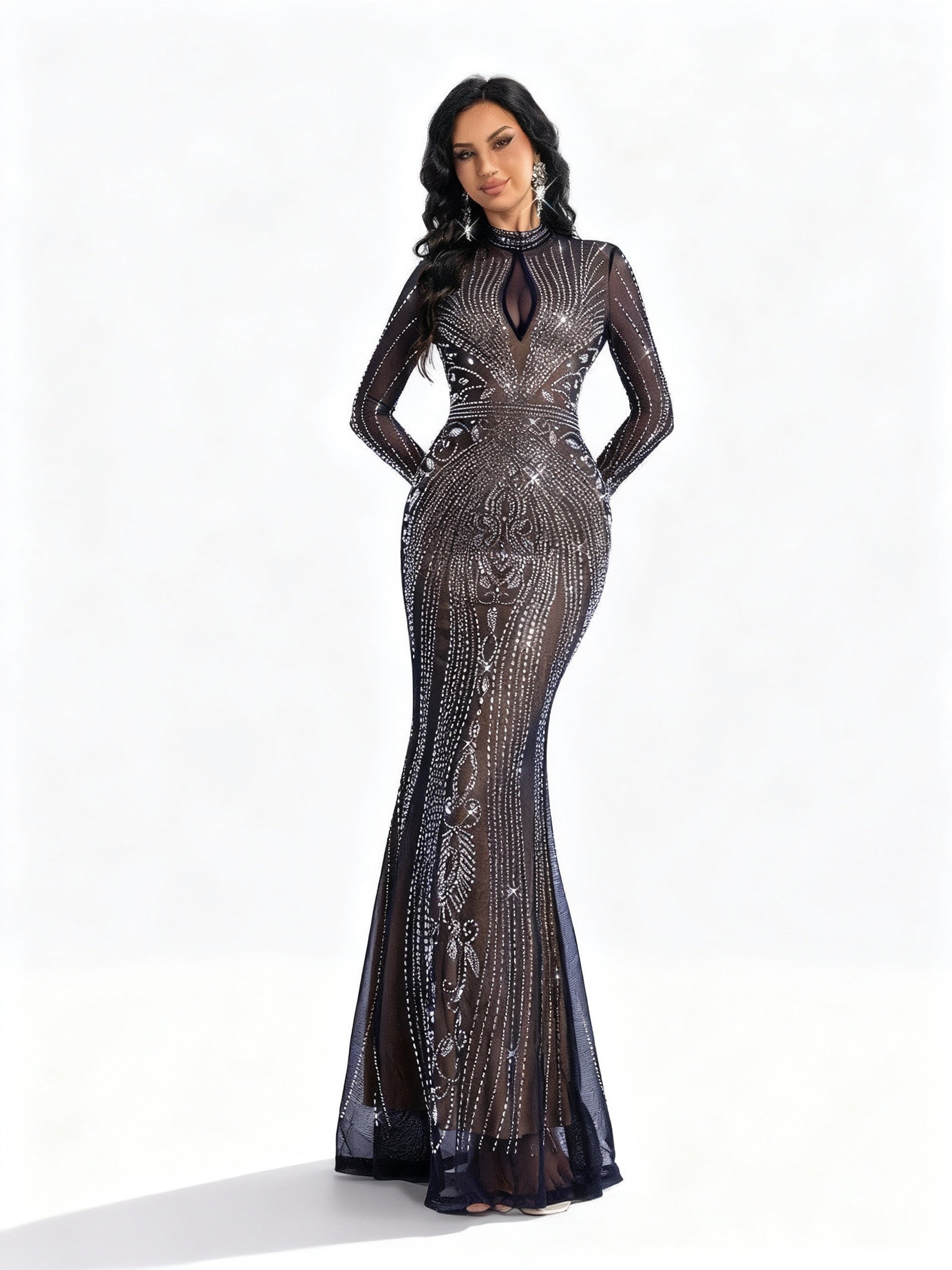 Sovae | Elegantes Marineblaues Strass Meerjungfrauen Abendkleid mit Stehkragen