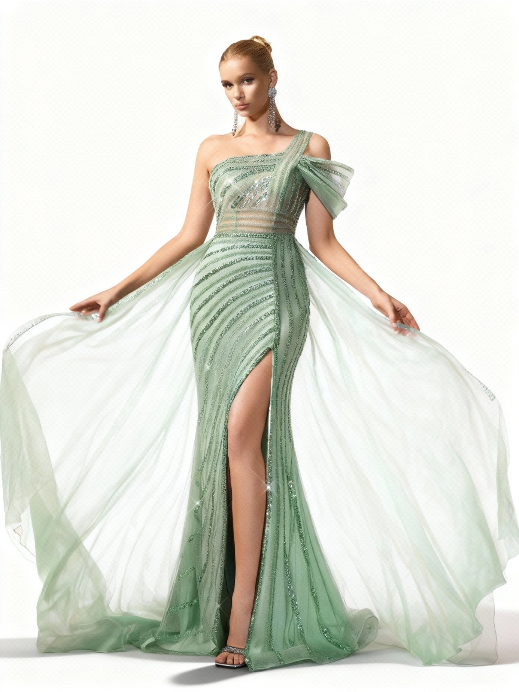 Sovae | Göttliches Mintgrünes Pailletten Abendkleid mit Spaghettiträgern