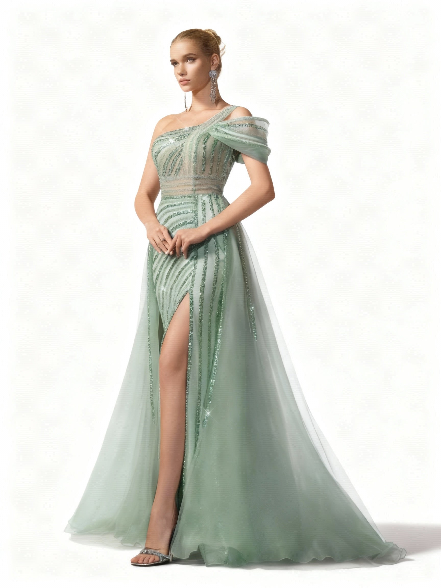 Sovae | Göttliches Mintgrünes Pailletten Abendkleid mit Spaghettiträgern